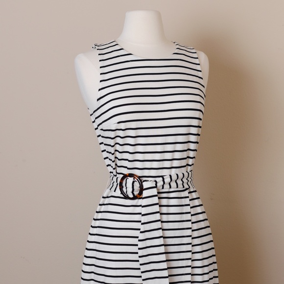 LOFT Striped Tulip Hem Dress with Tortoise Clip Belt - Picture 4 of 9